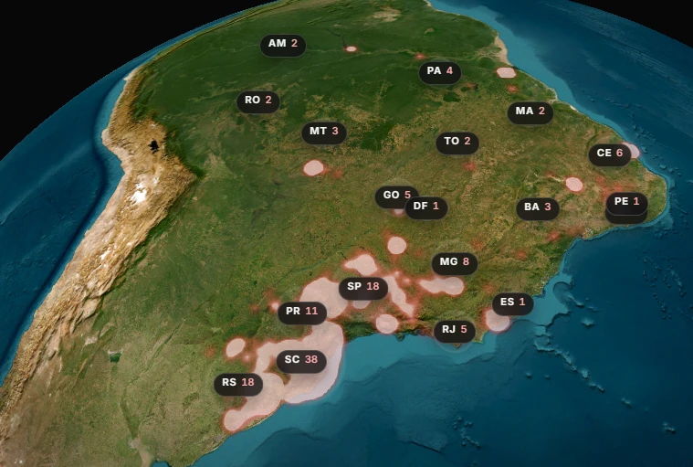 Mapa do Girk sobre imagem de satélite do Brasil, com a quantidade de pessoas por estado