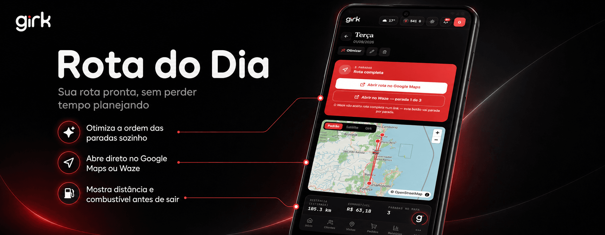 Rota do Dia: otimiza a ordem das paradas sozinho, abre direto no Google Maps ou Waze, mostra distância e combustível antes de sair